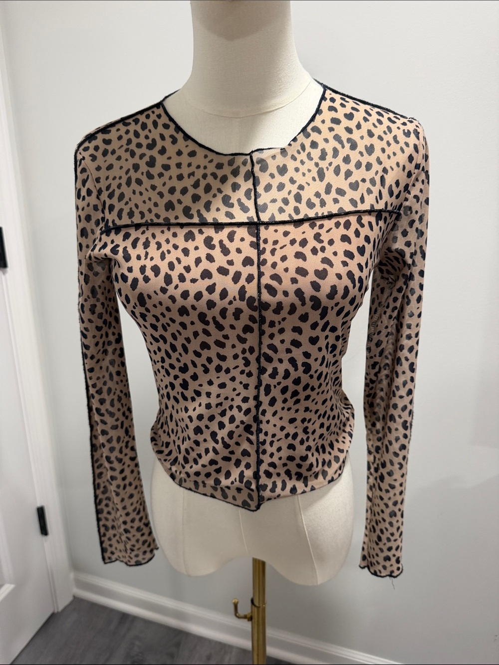 Leopard-Print Sheer Long Sleeve and top. Lined 3/4 of top  - Nude/Black